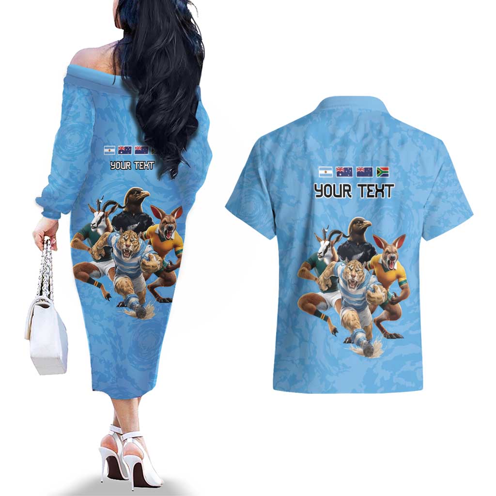 Custom Rugby Southern Hemisphere Couples Matching Off The Shoulder Long Sleeve Dress and Hawaiian Shirt Argentina AUNZ South Africa Mascot Blue - Aussie Hoodie