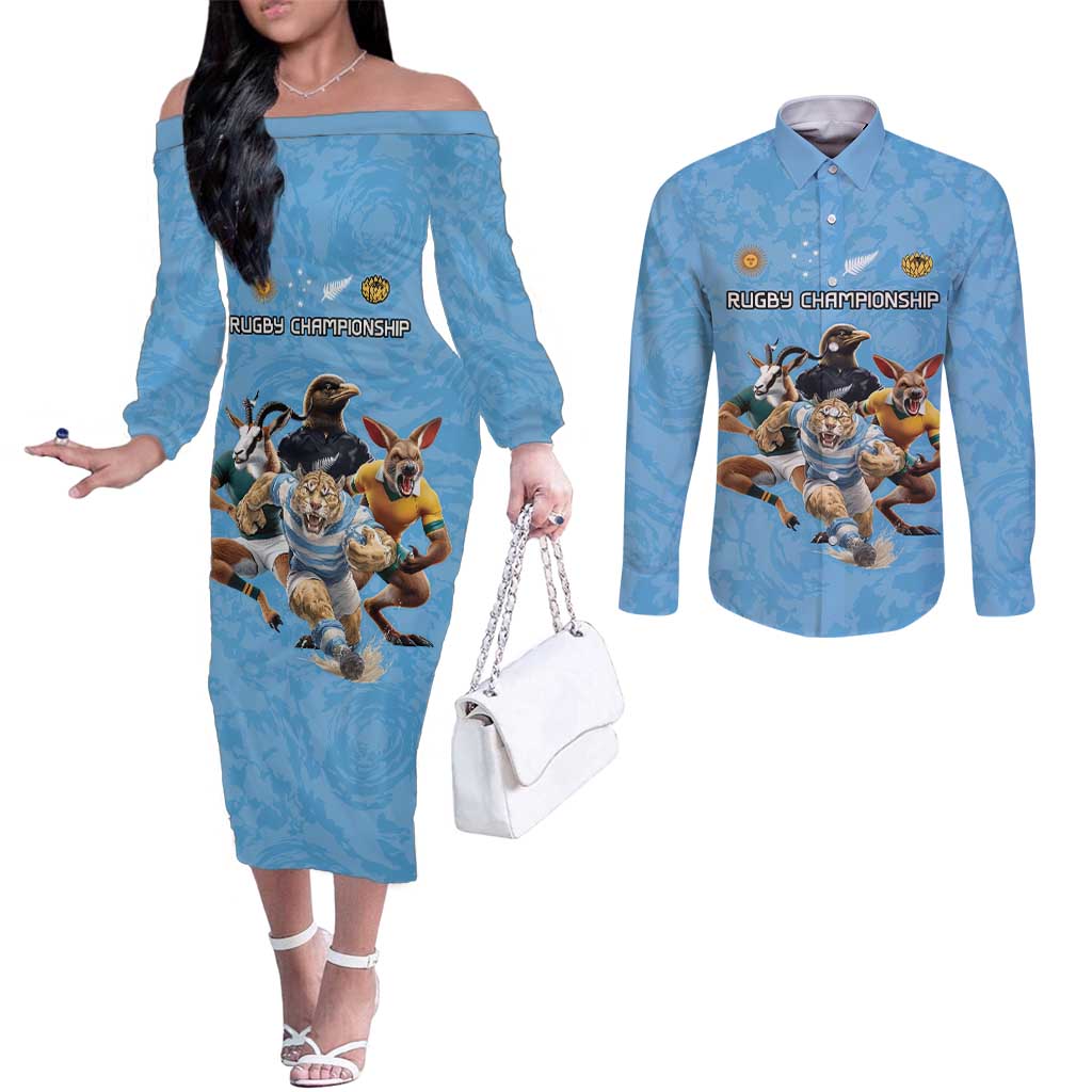 Custom Rugby Southern Hemisphere Couples Matching Off The Shoulder Long Sleeve Dress and Long Sleeve Button Shirt Argentina AUNZ South Africa Mascot Blue - Aussie Hoodie