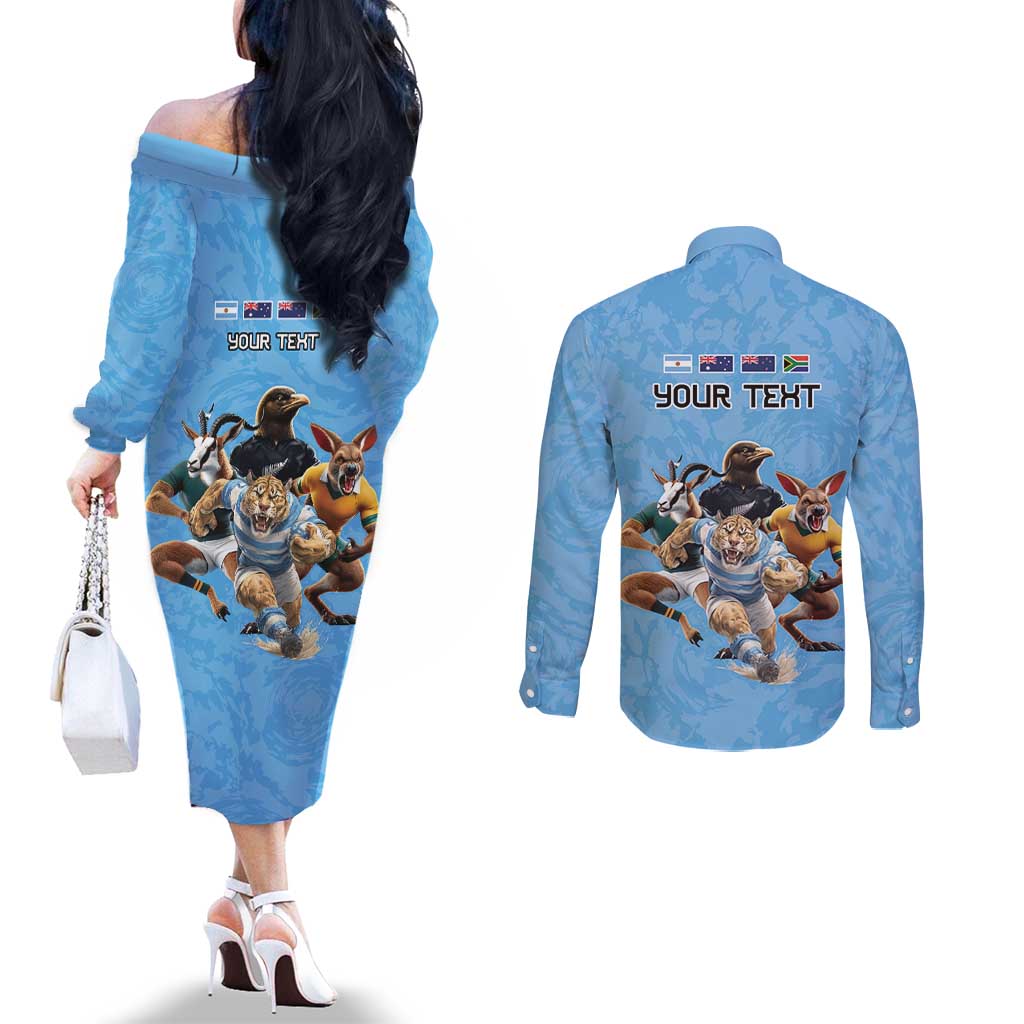 Custom Rugby Southern Hemisphere Couples Matching Off The Shoulder Long Sleeve Dress and Long Sleeve Button Shirt Argentina AUNZ South Africa Mascot Blue - Aussie Hoodie