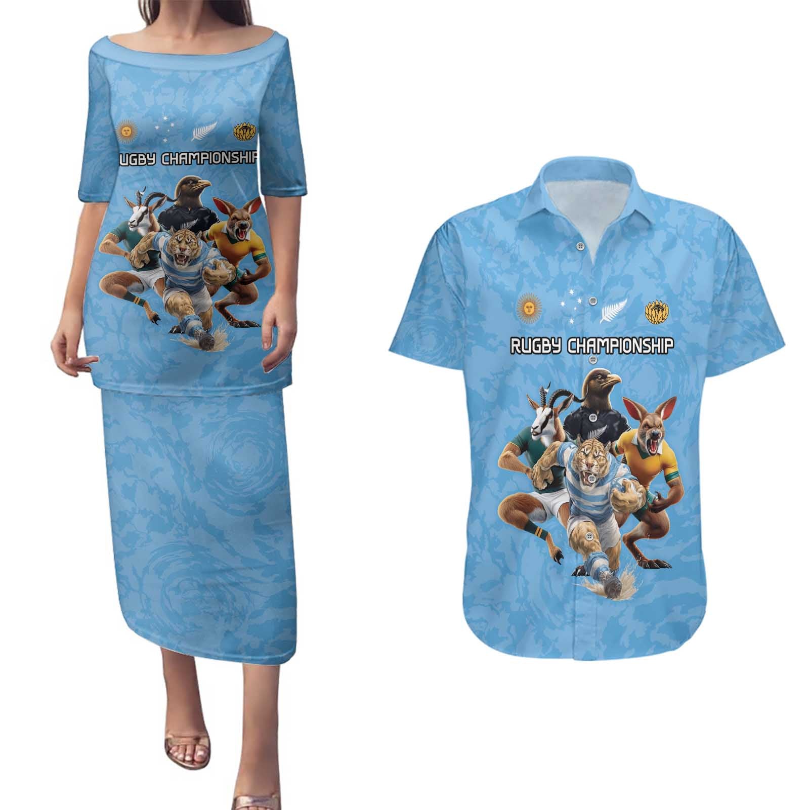 Custom Rugby Southern Hemisphere Couples Matching Puletasi and Hawaiian Shirt Argentina AUNZ South Africa Mascot Blue - Aussie Hoodie