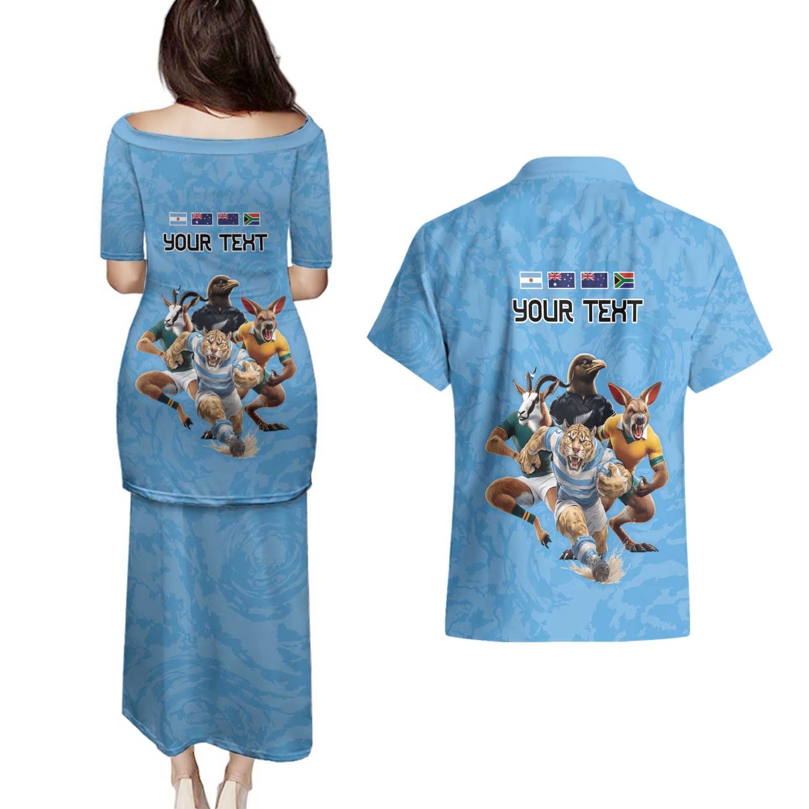 Custom Rugby Southern Hemisphere Couples Matching Puletasi and Hawaiian Shirt Argentina AUNZ South Africa Mascot Blue - Aussie Hoodie
