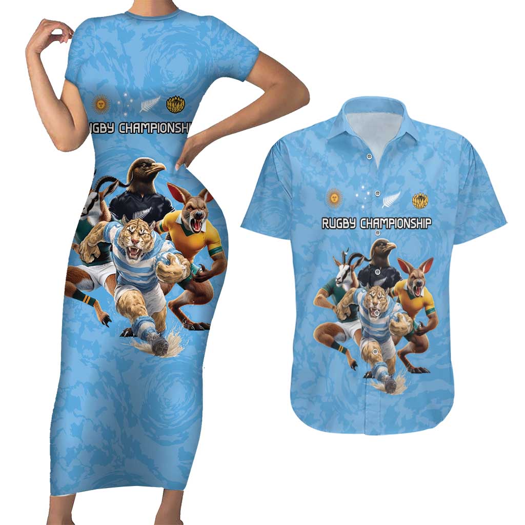 Custom Rugby Southern Hemisphere Couples Matching Short Sleeve Bodycon Dress and Hawaiian Shirt Argentina AUNZ South Africa Mascot Blue - Aussie Hoodie