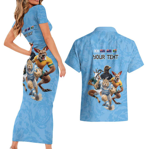 Custom Rugby Southern Hemisphere Couples Matching Short Sleeve Bodycon Dress and Hawaiian Shirt Argentina AUNZ South Africa Mascot Blue - Aussie Hoodie