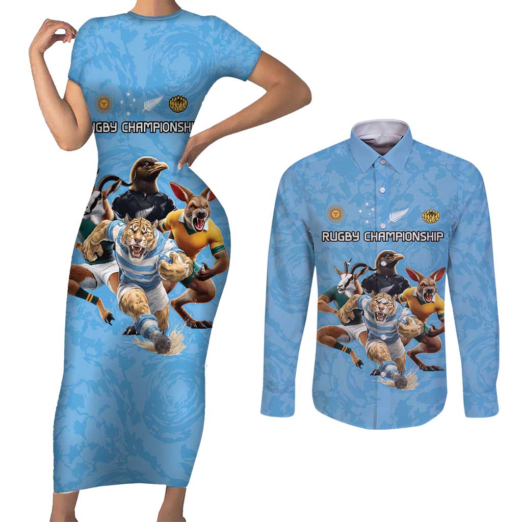 Custom Rugby Southern Hemisphere Couples Matching Short Sleeve Bodycon Dress and Long Sleeve Button Shirt Argentina AUNZ South Africa Mascot Blue - Aussie Hoodie