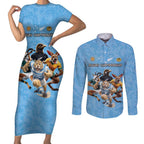 Custom Rugby Southern Hemisphere Couples Matching Short Sleeve Bodycon Dress and Long Sleeve Button Shirt Argentina AUNZ South Africa Mascot Blue - Aussie Hoodie