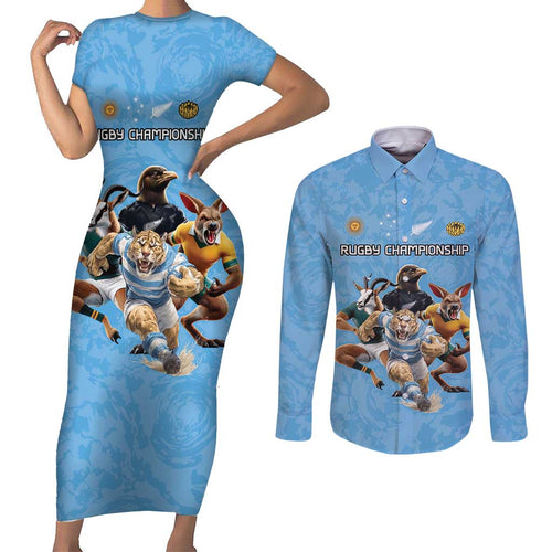Custom Rugby Southern Hemisphere Couples Matching Short Sleeve Bodycon Dress and Long Sleeve Button Shirt Argentina AUNZ South Africa Mascot Blue - Aussie Hoodie