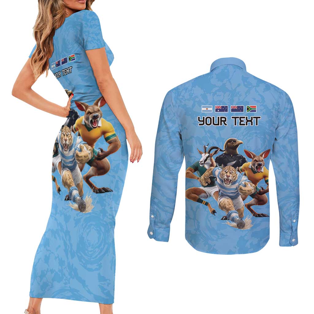 Custom Rugby Southern Hemisphere Couples Matching Short Sleeve Bodycon Dress and Long Sleeve Button Shirt Argentina AUNZ South Africa Mascot Blue - Aussie Hoodie