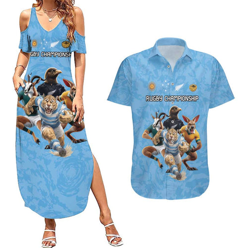 Custom Rugby Southern Hemisphere Couples Matching Summer Maxi Dress and Hawaiian Shirt Argentina AUNZ South Africa Mascot Blue - Aussie Hoodie