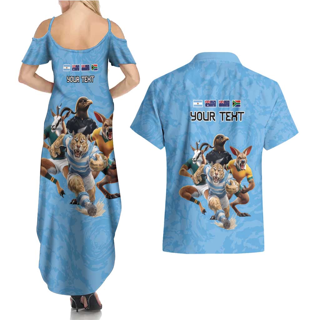 Custom Rugby Southern Hemisphere Couples Matching Summer Maxi Dress and Hawaiian Shirt Argentina AUNZ South Africa Mascot Blue - Aussie Hoodie
