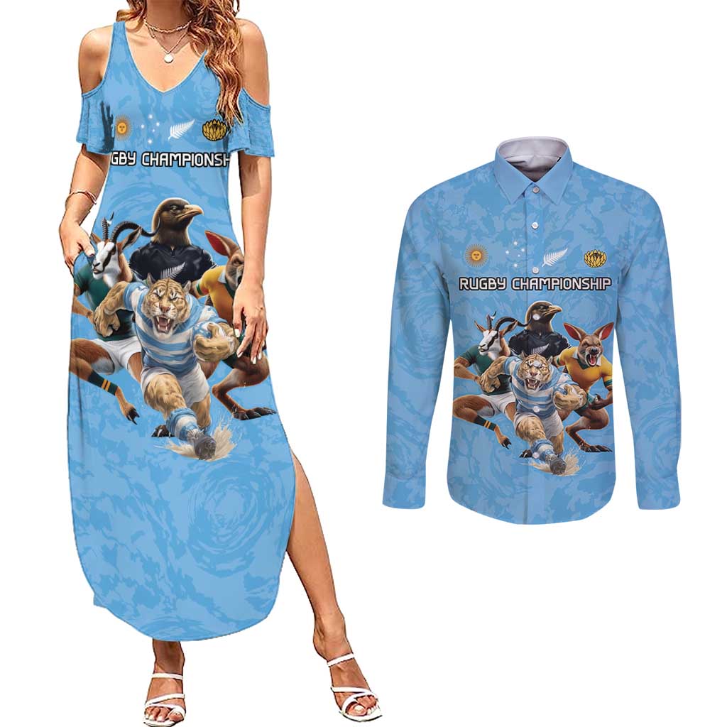 Custom Rugby Southern Hemisphere Couples Matching Summer Maxi Dress and Long Sleeve Button Shirt Argentina AUNZ South Africa Mascot Blue - Aussie Hoodie