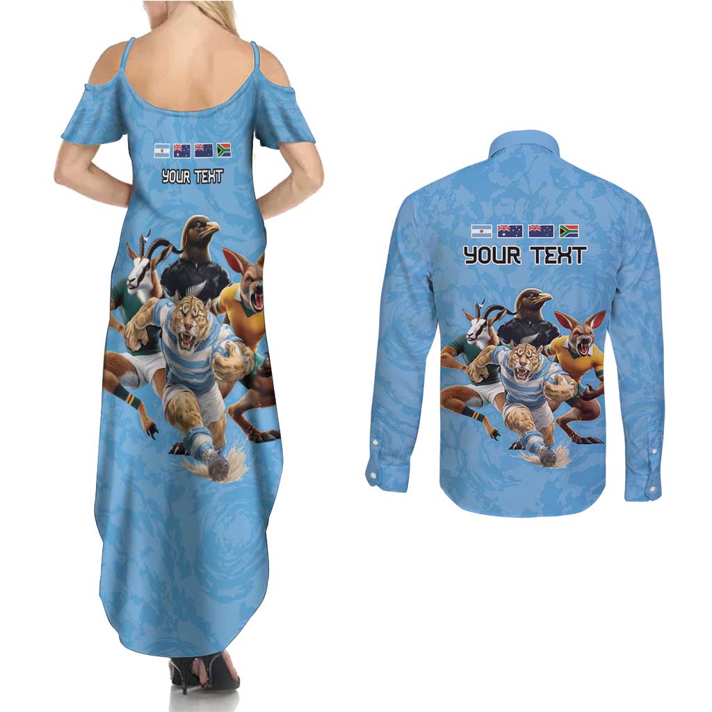 Custom Rugby Southern Hemisphere Couples Matching Summer Maxi Dress and Long Sleeve Button Shirt Argentina AUNZ South Africa Mascot Blue - Aussie Hoodie