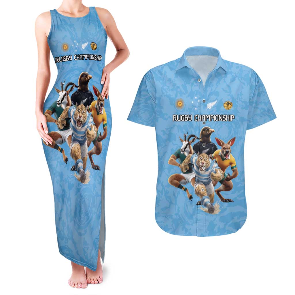 Custom Rugby Southern Hemisphere Couples Matching Tank Maxi Dress and Hawaiian Shirt Argentina AUNZ South Africa Mascot Blue - Aussie Hoodie
