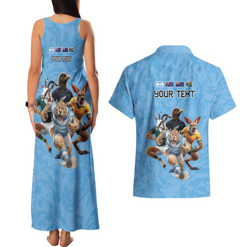 Custom Rugby Southern Hemisphere Couples Matching Tank Maxi Dress and Hawaiian Shirt Argentina AUNZ South Africa Mascot Blue - Aussie Hoodie