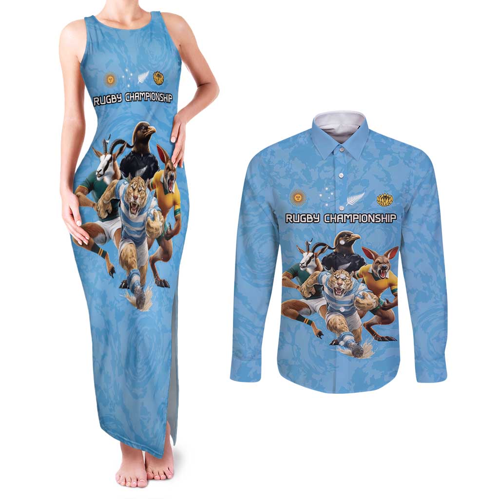 Custom Rugby Southern Hemisphere Couples Matching Tank Maxi Dress and Long Sleeve Button Shirt Argentina AUNZ South Africa Mascot Blue - Aussie Hoodie