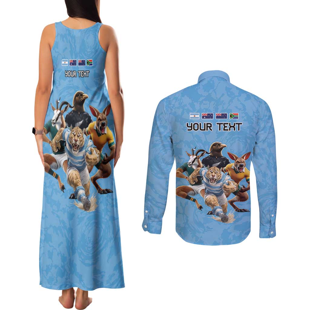 Custom Rugby Southern Hemisphere Couples Matching Tank Maxi Dress and Long Sleeve Button Shirt Argentina AUNZ South Africa Mascot Blue - Aussie Hoodie