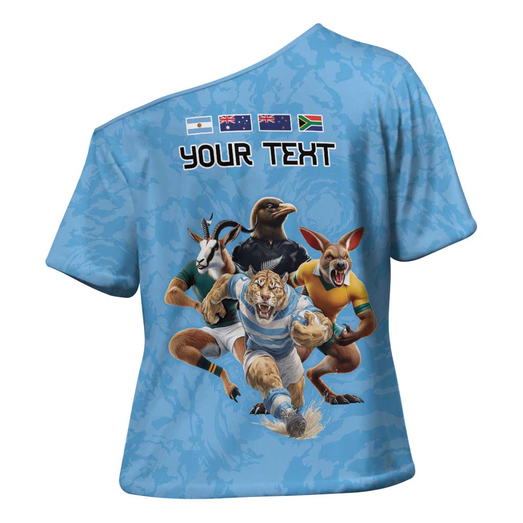 Custom Rugby Southern Hemisphere Cross Shoulder Shirt Argentina AUNZ South Africa Mascot Blue - Aussie Hoodie