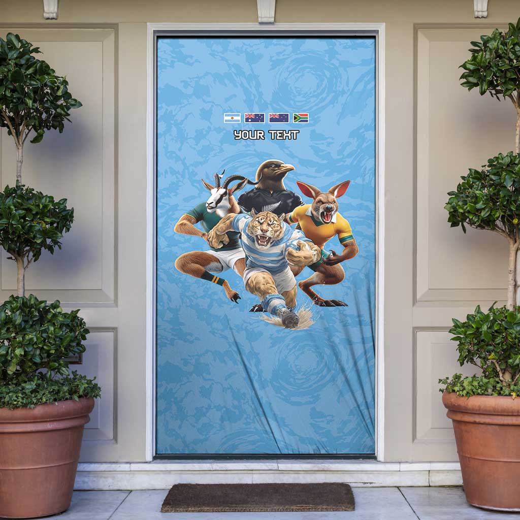 Custom Rugby Southern Hemisphere Door Cover Argentina AUNZ South Africa Mascot Blue - Aussie Hoodie