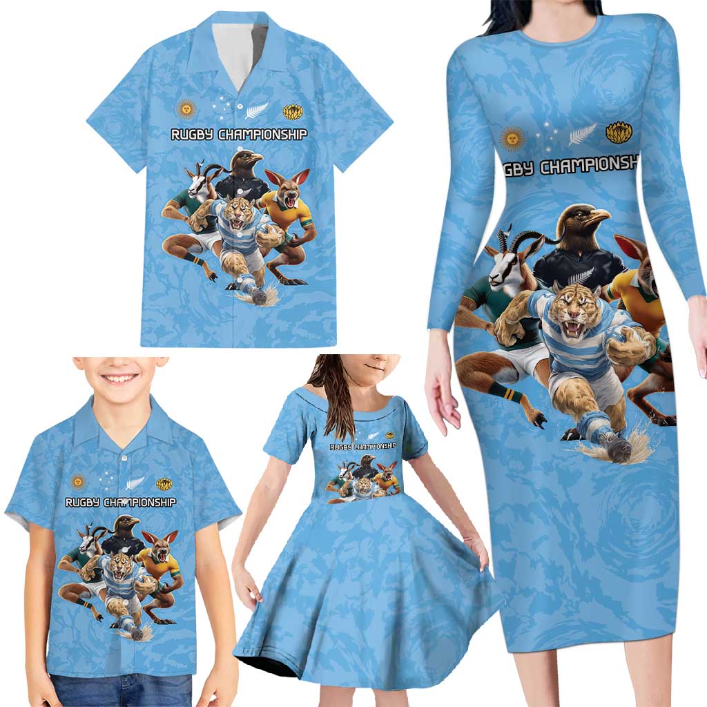 Custom Rugby Southern Hemisphere Family Matching Long Sleeve Bodycon Dress and Hawaiian Shirt Argentina AUNZ South Africa Mascot Blue - Aussie Hoodie