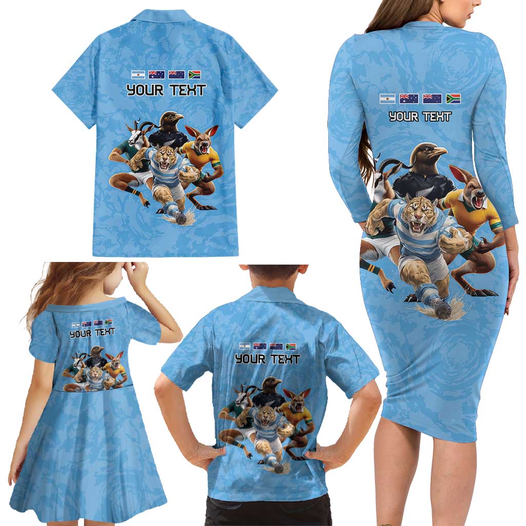 Custom Rugby Southern Hemisphere Family Matching Long Sleeve Bodycon Dress and Hawaiian Shirt Argentina AUNZ South Africa Mascot Blue - Aussie Hoodie