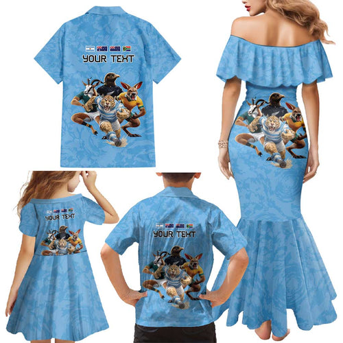 Custom Rugby Southern Hemisphere Family Matching Mermaid Dress and Hawaiian Shirt Argentina AUNZ South Africa Mascot Blue - Aussie Hoodie
