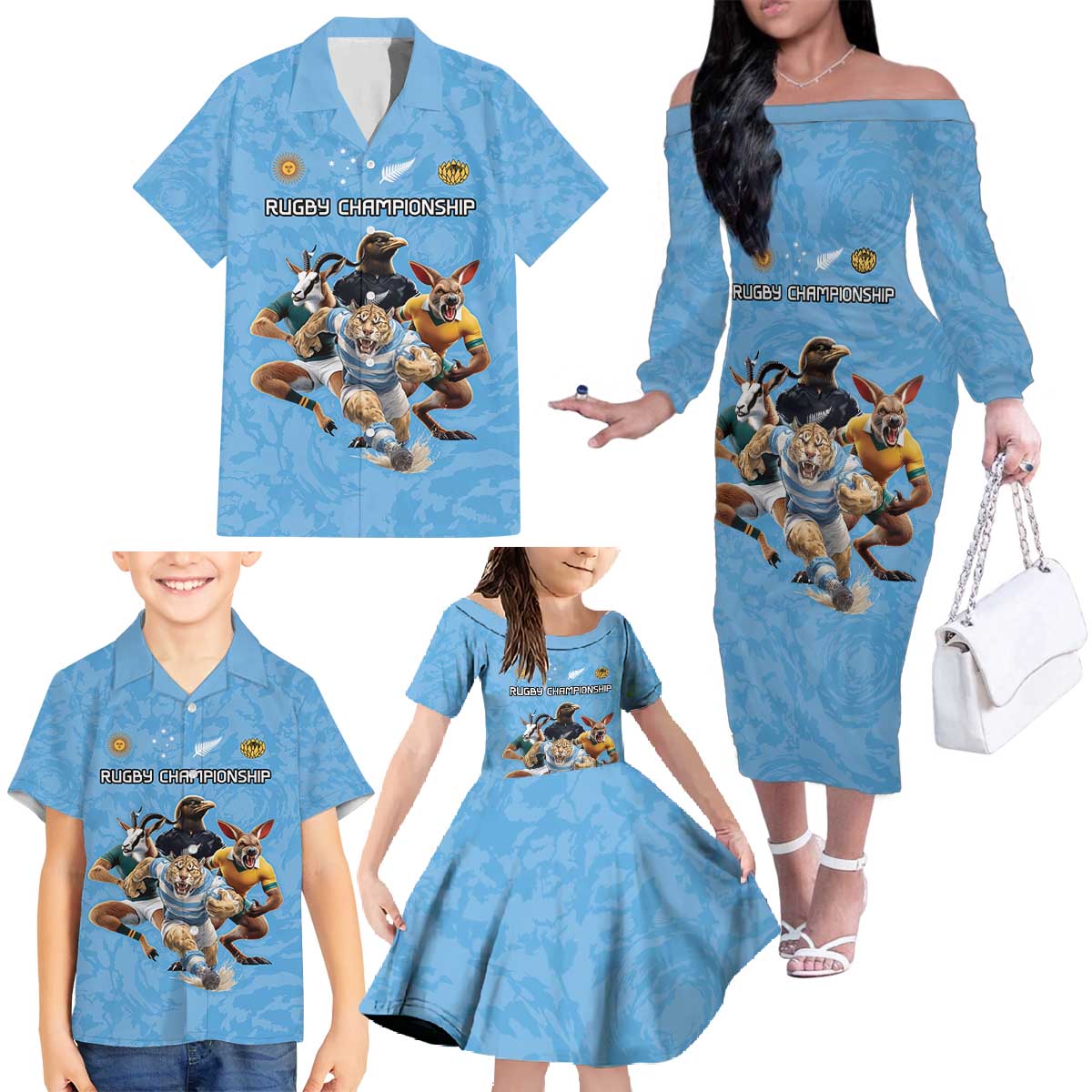 Custom Rugby Southern Hemisphere Family Matching Off The Shoulder Long Sleeve Dress and Hawaiian Shirt Argentina AUNZ South Africa Mascot Blue - Aussie Hoodie