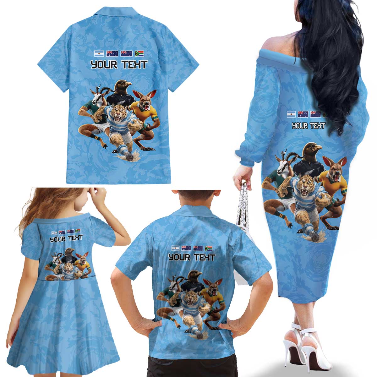 Custom Rugby Southern Hemisphere Family Matching Off The Shoulder Long Sleeve Dress and Hawaiian Shirt Argentina AUNZ South Africa Mascot Blue - Aussie Hoodie