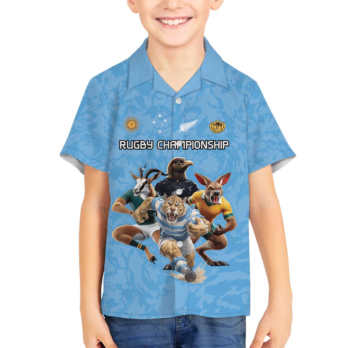 Custom Rugby Southern Hemisphere Family Matching Off The Shoulder Long Sleeve Dress and Hawaiian Shirt Argentina AUNZ South Africa Mascot Blue - Aussie Hoodie