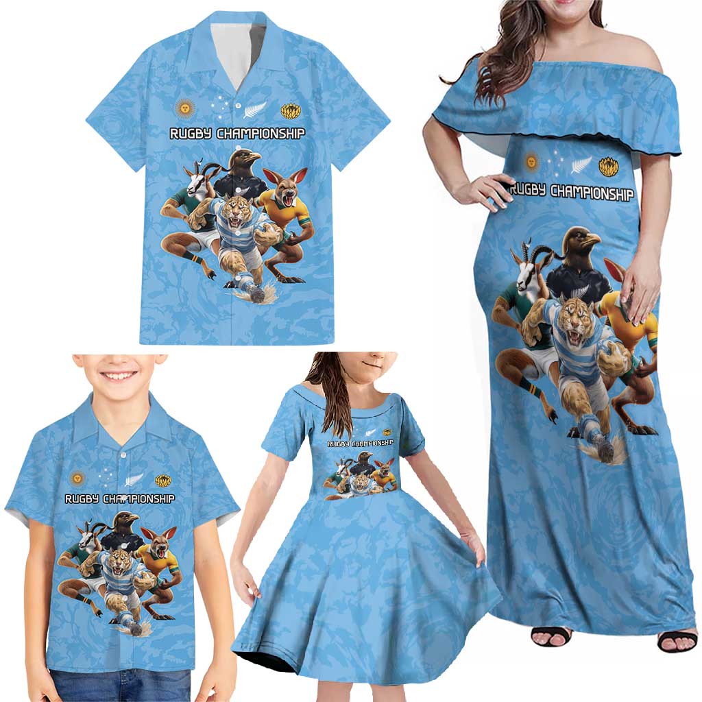 Custom Rugby Southern Hemisphere Family Matching Off Shoulder Maxi Dress and Hawaiian Shirt Argentina AUNZ South Africa Mascot Blue - Aussie Hoodie