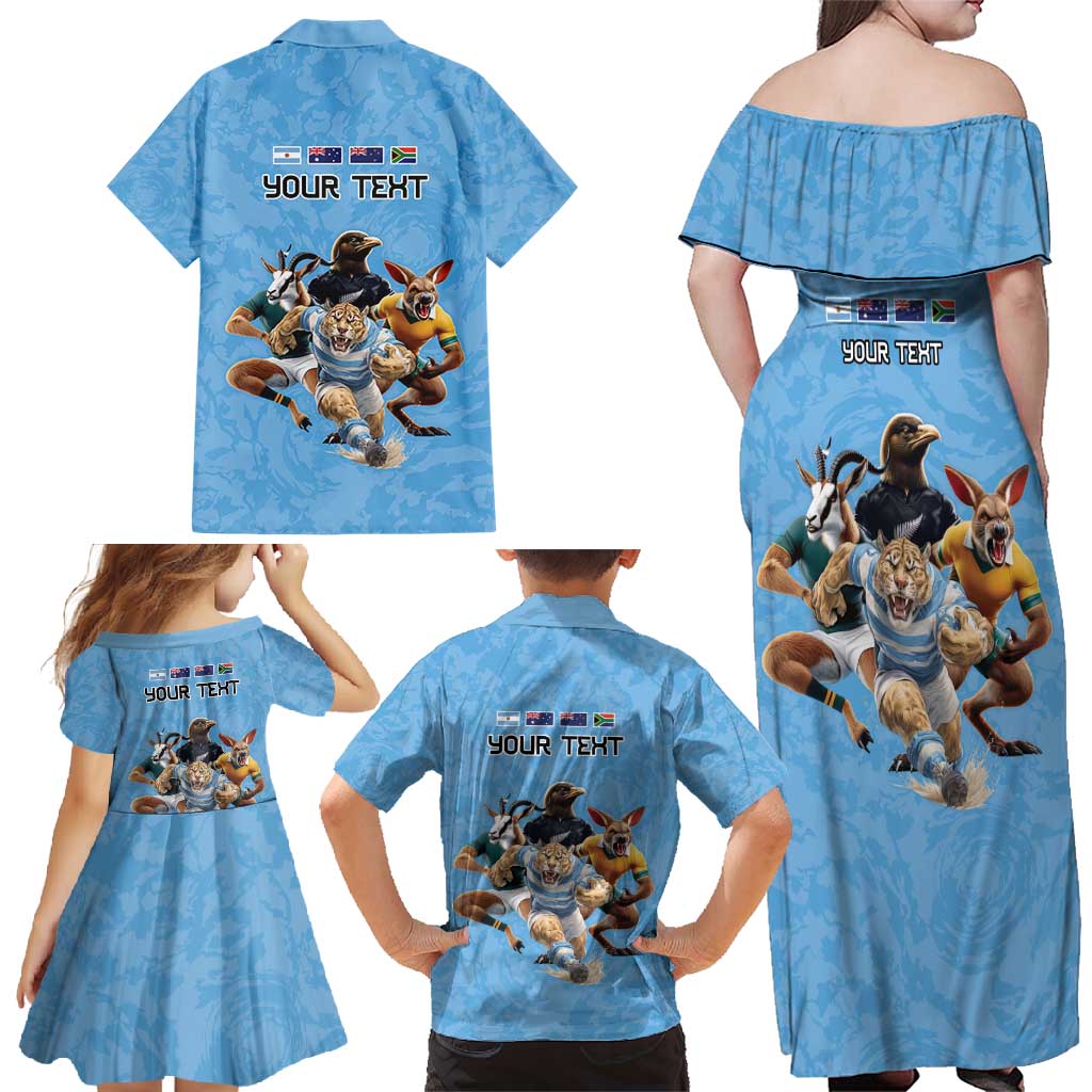 Custom Rugby Southern Hemisphere Family Matching Off Shoulder Maxi Dress and Hawaiian Shirt Argentina AUNZ South Africa Mascot Blue - Aussie Hoodie