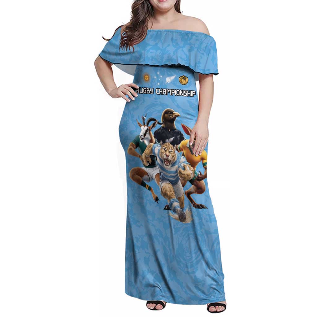 Custom Rugby Southern Hemisphere Family Matching Off Shoulder Maxi Dress and Hawaiian Shirt Argentina AUNZ South Africa Mascot Blue - Aussie Hoodie