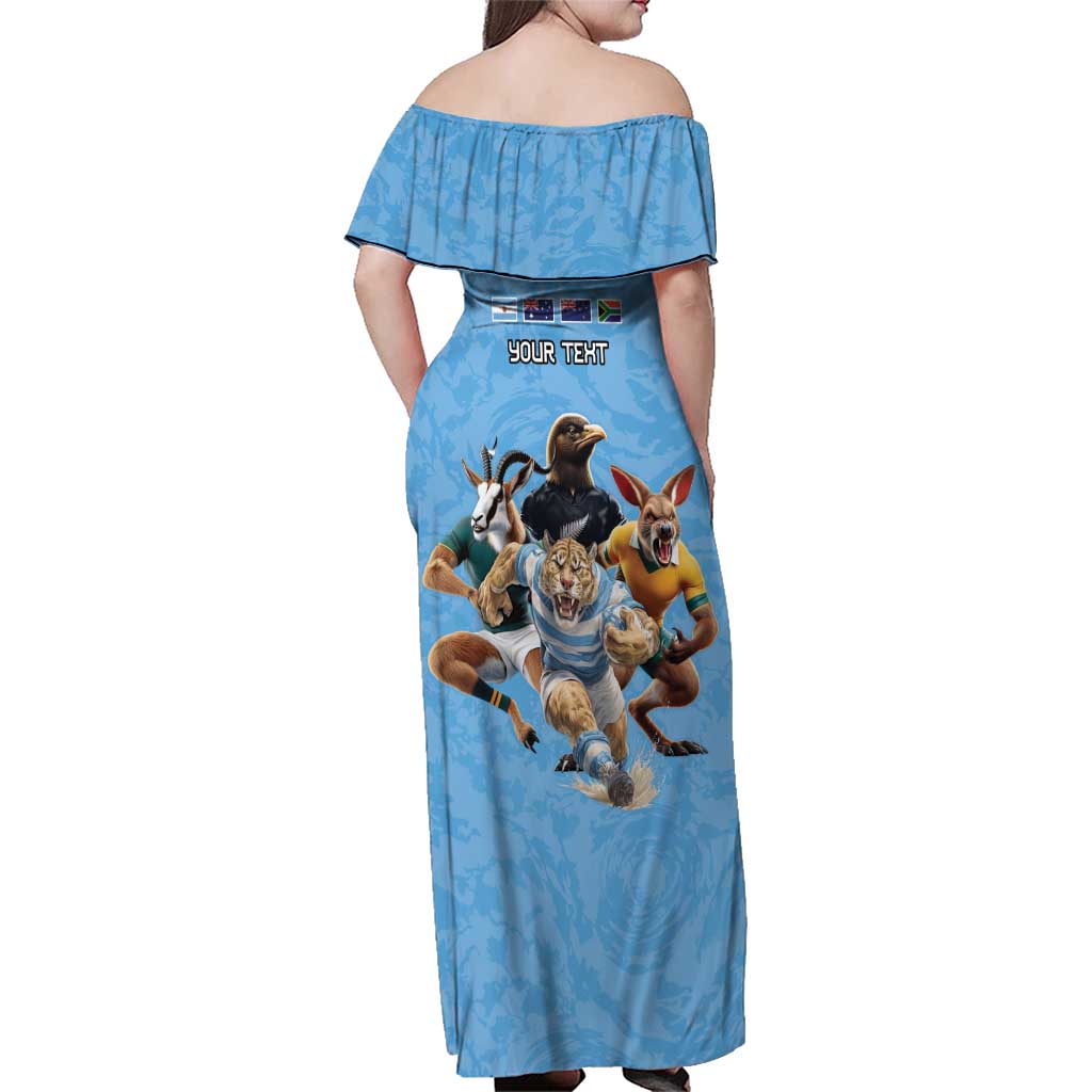 Custom Rugby Southern Hemisphere Family Matching Off Shoulder Maxi Dress and Hawaiian Shirt Argentina AUNZ South Africa Mascot Blue - Aussie Hoodie