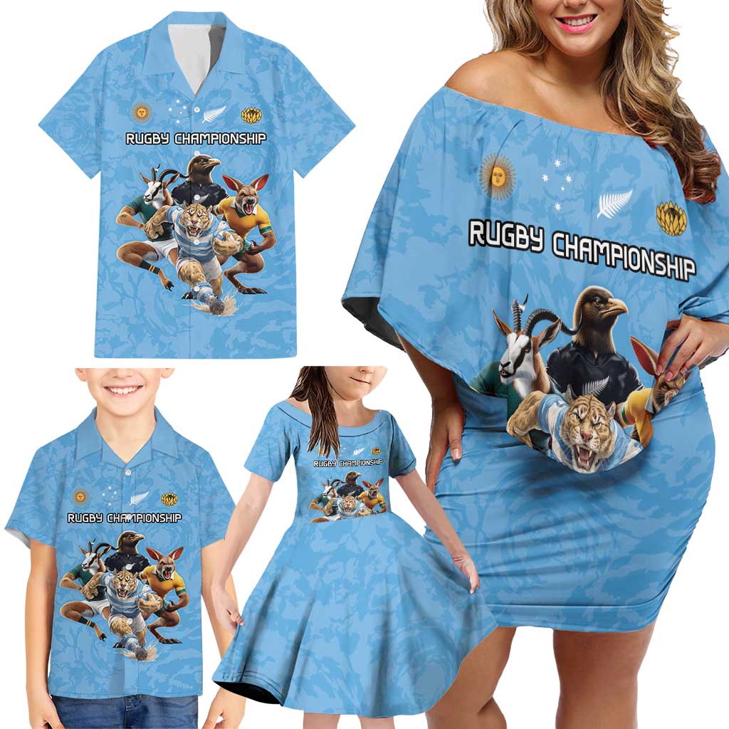 Custom Rugby Southern Hemisphere Family Matching Off Shoulder Short Dress and Hawaiian Shirt Argentina AUNZ South Africa Mascot Blue - Aussie Hoodie