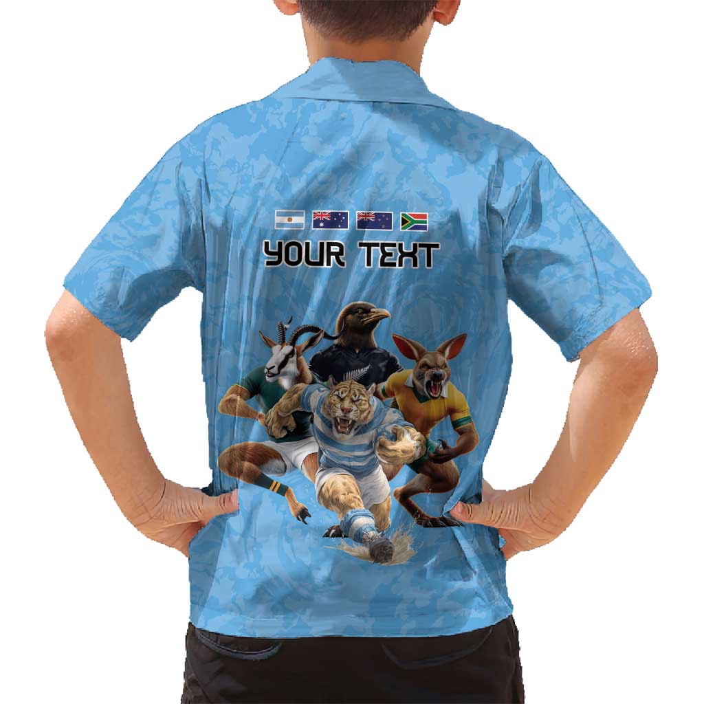 Custom Rugby Southern Hemisphere Family Matching Off Shoulder Short Dress and Hawaiian Shirt Argentina AUNZ South Africa Mascot Blue - Aussie Hoodie