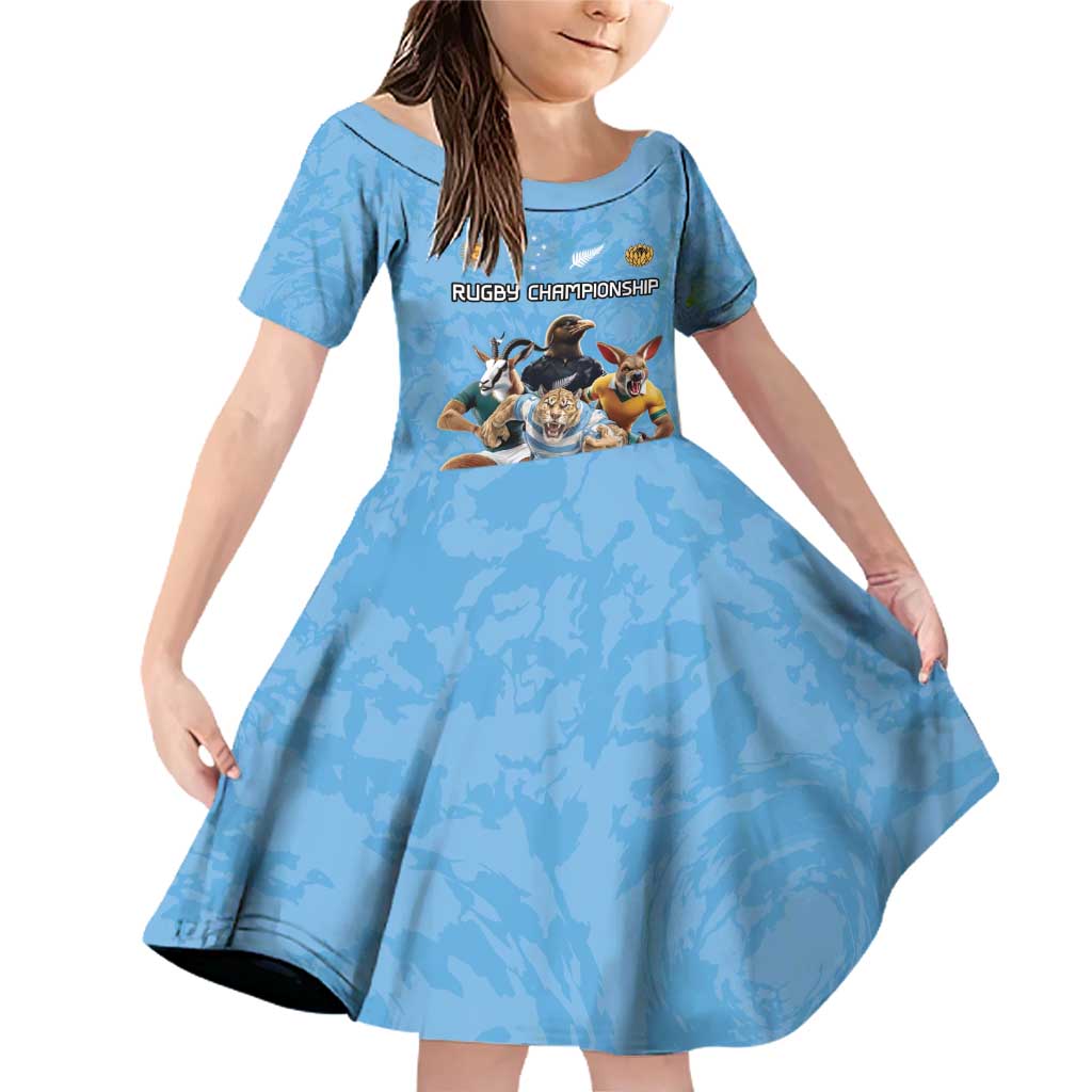 Custom Rugby Southern Hemisphere Family Matching Off Shoulder Short Dress and Hawaiian Shirt Argentina AUNZ South Africa Mascot Blue - Aussie Hoodie