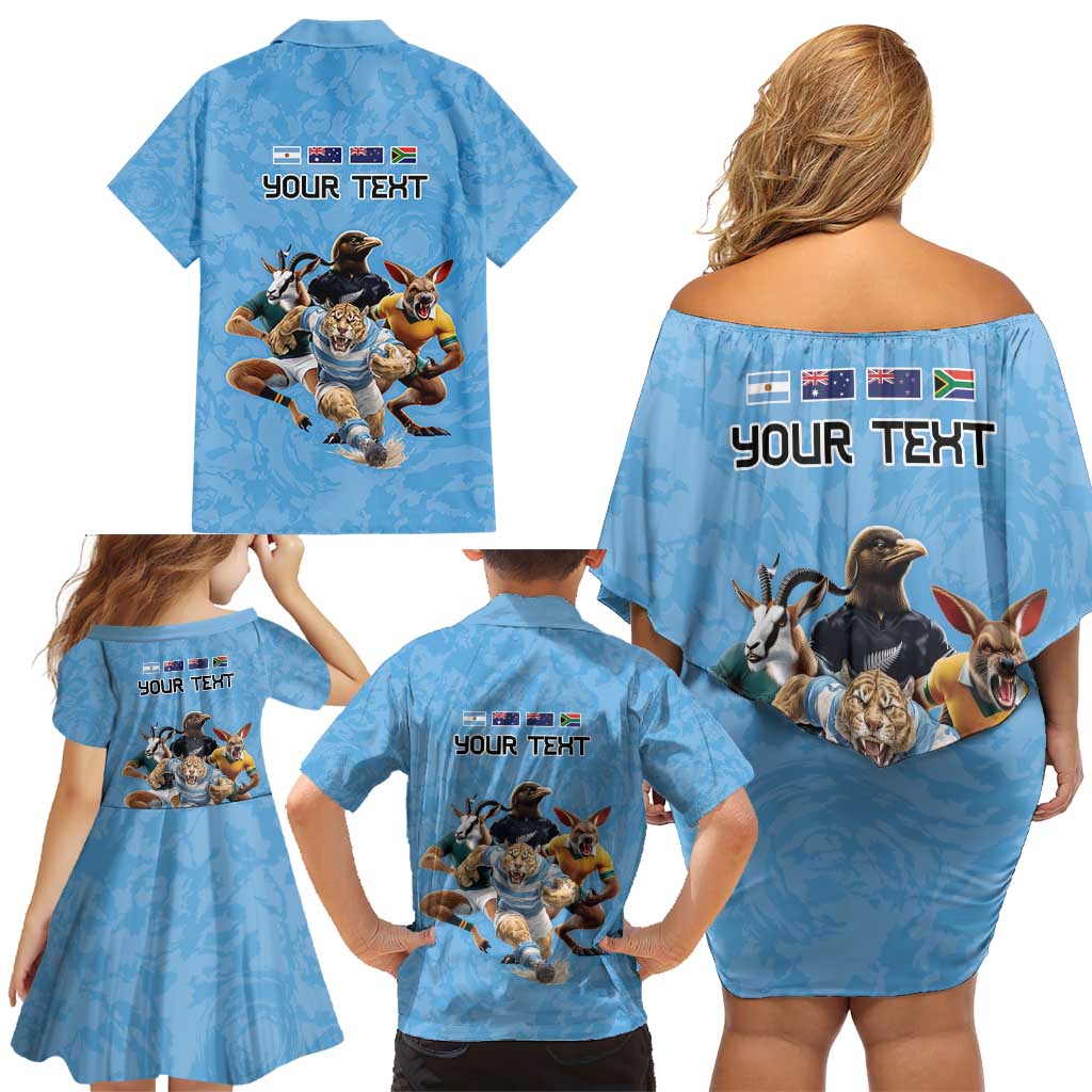 Custom Rugby Southern Hemisphere Family Matching Off Shoulder Short Dress and Hawaiian Shirt Argentina AUNZ South Africa Mascot Blue - Aussie Hoodie