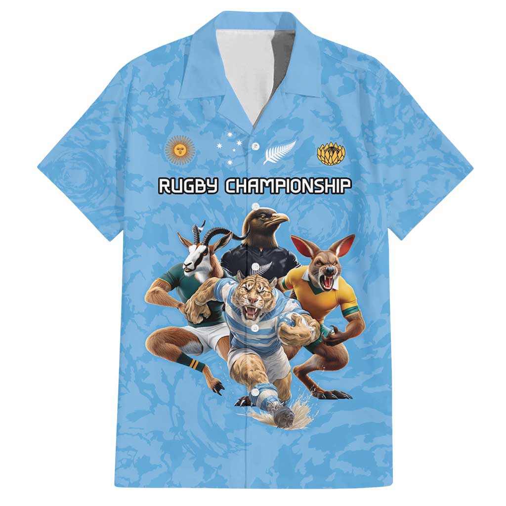 Custom Rugby Southern Hemisphere Family Matching Off Shoulder Short Dress and Hawaiian Shirt Argentina AUNZ South Africa Mascot Blue - Aussie Hoodie