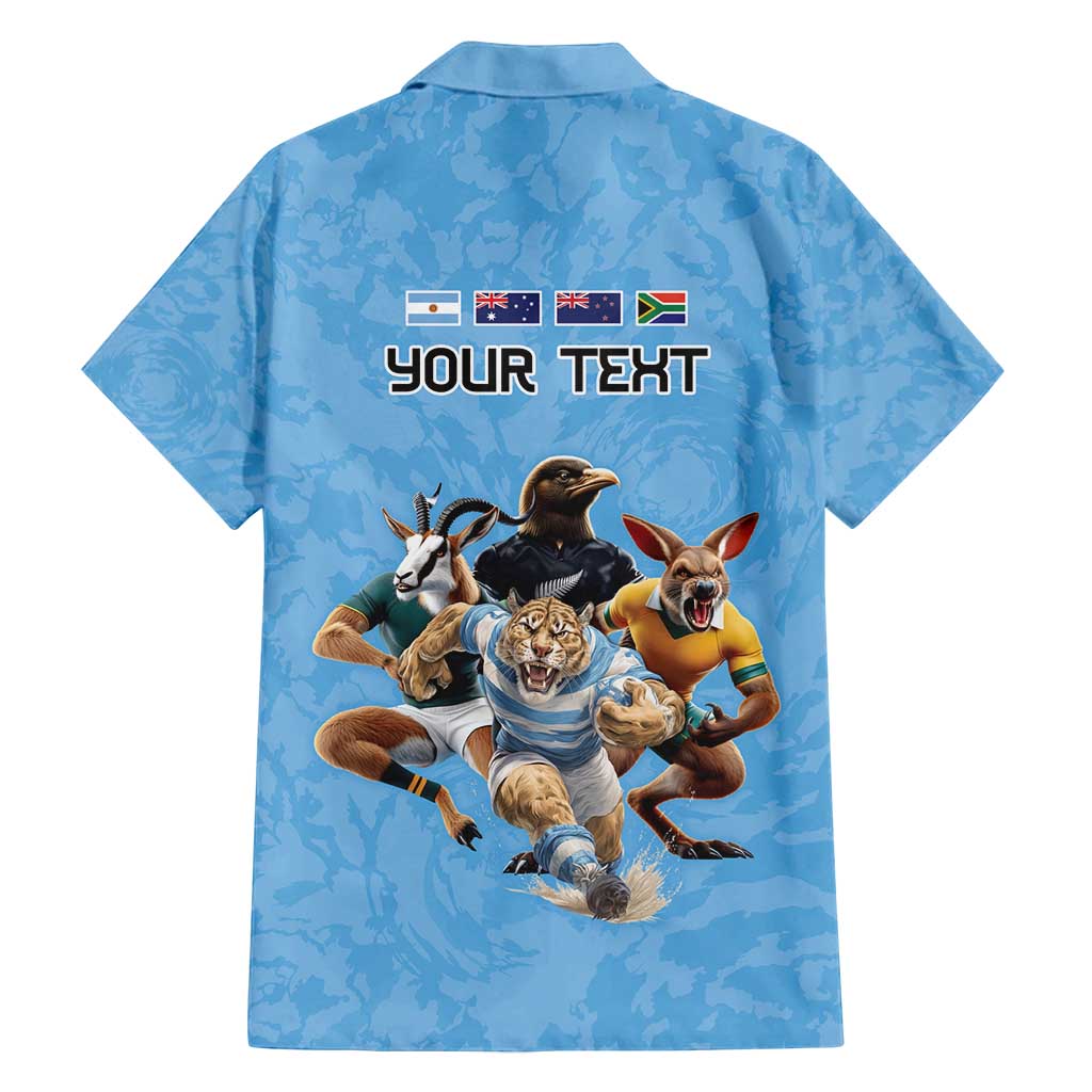 Custom Rugby Southern Hemisphere Family Matching Off Shoulder Short Dress and Hawaiian Shirt Argentina AUNZ South Africa Mascot Blue - Aussie Hoodie