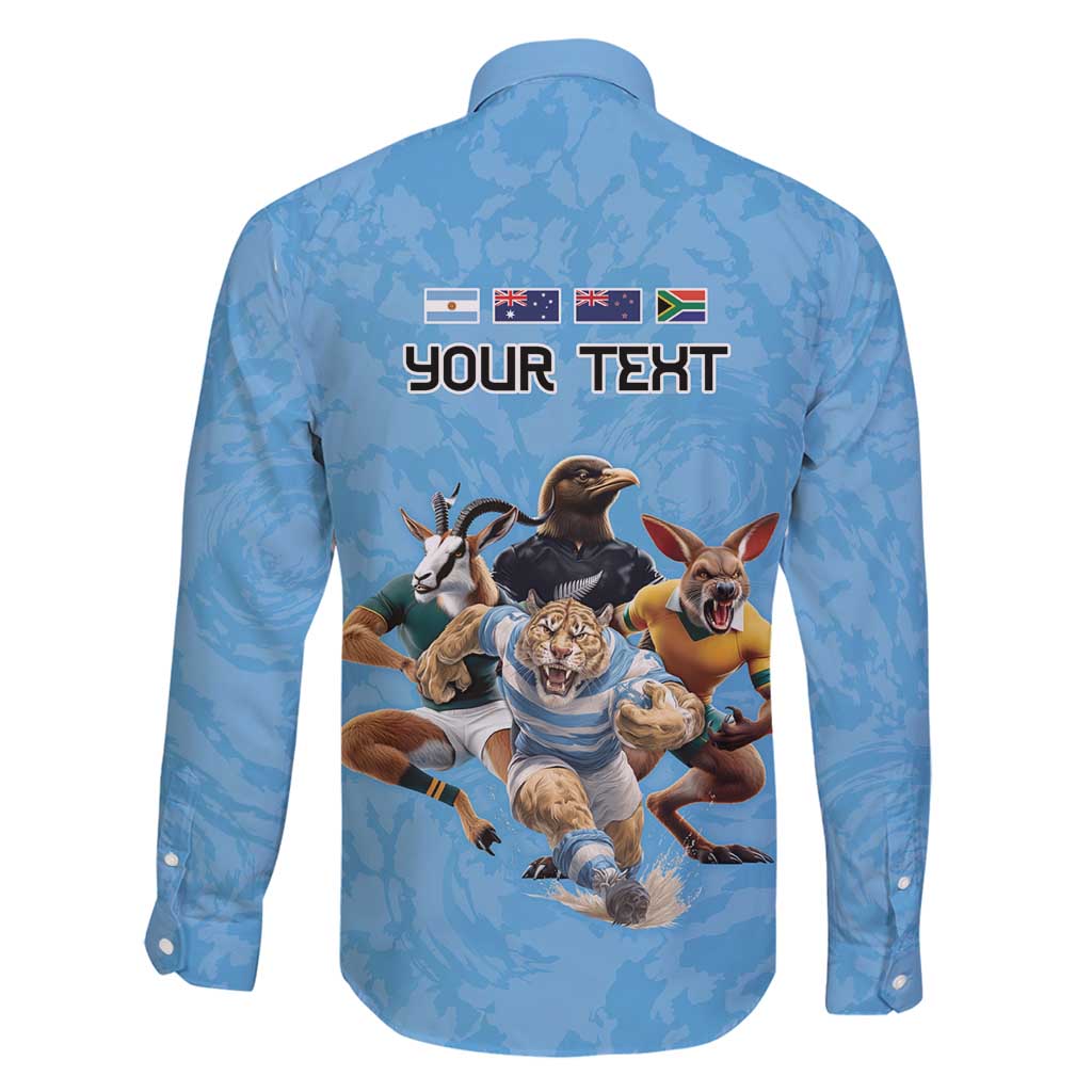 Custom Rugby Southern Hemisphere Family Matching Off Shoulder Short Dress and Hawaiian Shirt Argentina AUNZ South Africa Mascot Blue - Aussie Hoodie