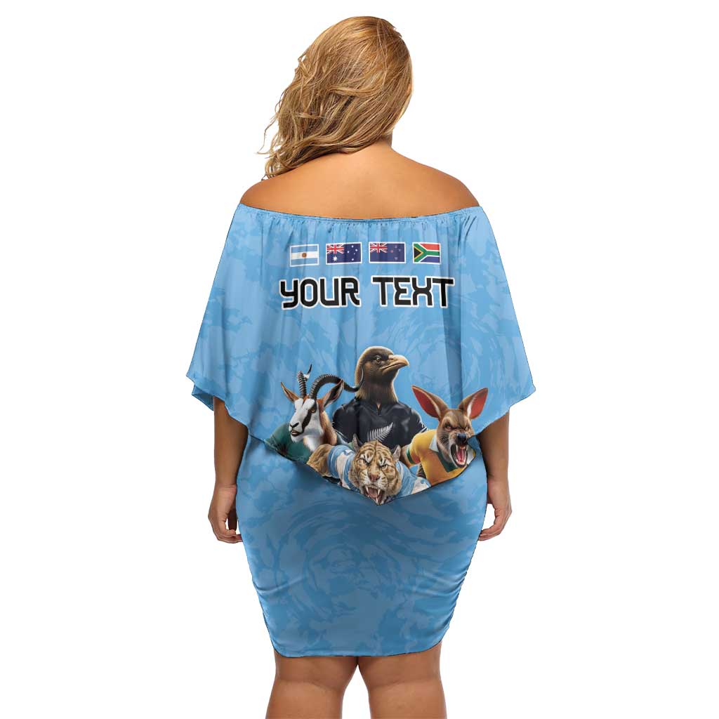 Custom Rugby Southern Hemisphere Family Matching Off Shoulder Short Dress and Hawaiian Shirt Argentina AUNZ South Africa Mascot Blue - Aussie Hoodie