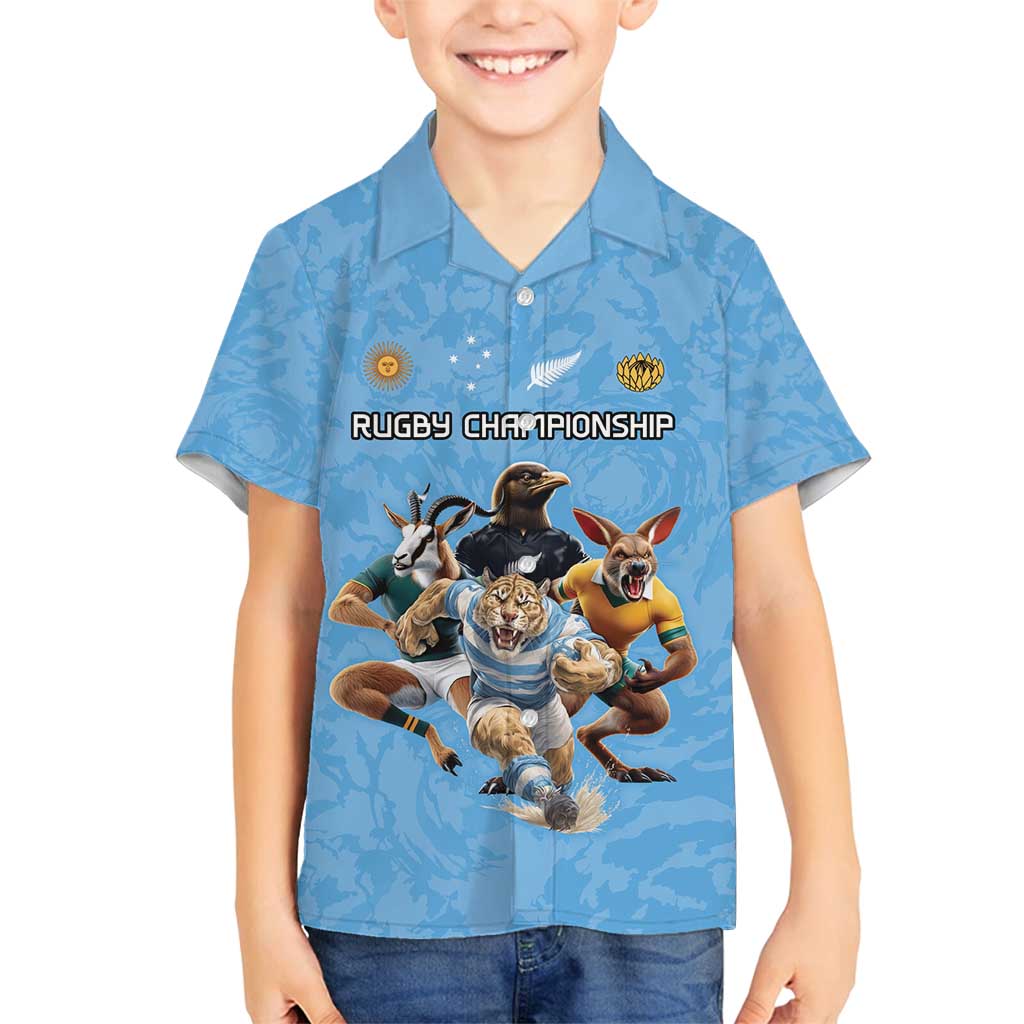 Custom Rugby Southern Hemisphere Family Matching Off Shoulder Short Dress and Hawaiian Shirt Argentina AUNZ South Africa Mascot Blue - Aussie Hoodie