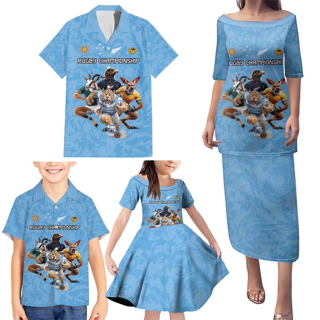 Custom Rugby Southern Hemisphere Family Matching Puletasi and Hawaiian Shirt Argentina AUNZ South Africa Mascot Blue - Aussie Hoodie