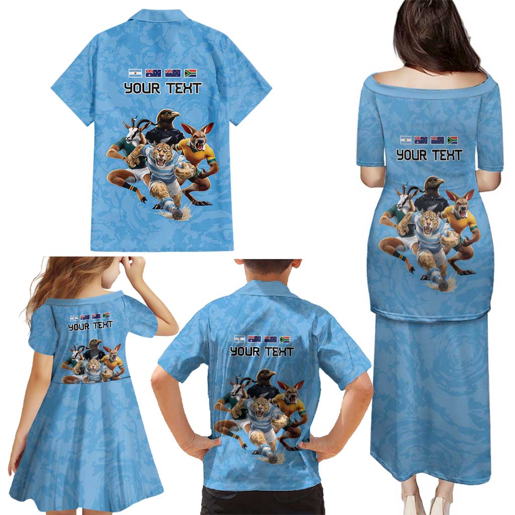 Custom Rugby Southern Hemisphere Family Matching Puletasi and Hawaiian Shirt Argentina AUNZ South Africa Mascot Blue - Aussie Hoodie