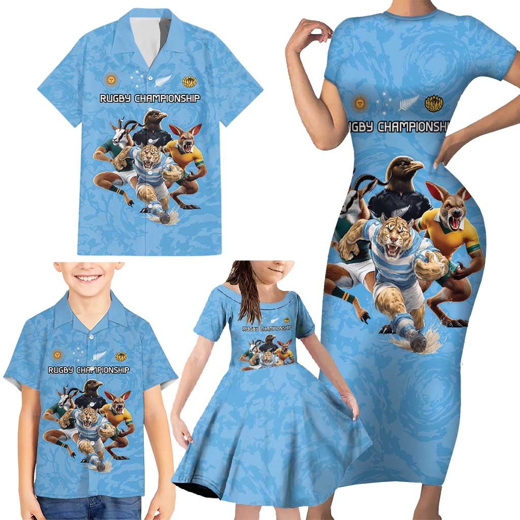 Custom Rugby Southern Hemisphere Family Matching Short Sleeve Bodycon Dress and Hawaiian Shirt Argentina AUNZ South Africa Mascot Blue - Aussie Hoodie