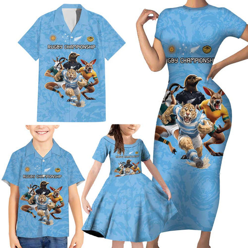 Custom Rugby Southern Hemisphere Family Matching Short Sleeve Bodycon Dress and Hawaiian Shirt Argentina AUNZ South Africa Mascot Blue - Aussie Hoodie