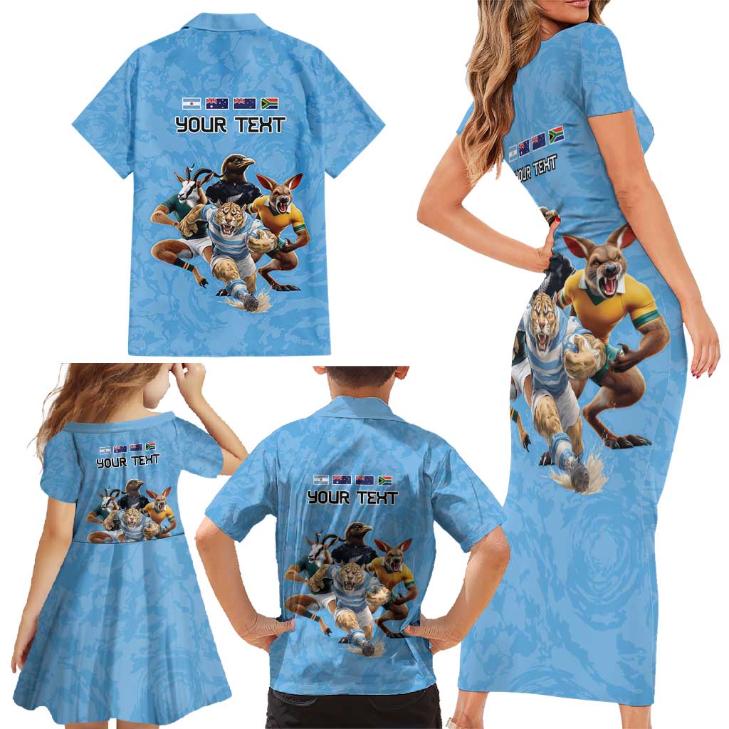 Custom Rugby Southern Hemisphere Family Matching Short Sleeve Bodycon Dress and Hawaiian Shirt Argentina AUNZ South Africa Mascot Blue - Aussie Hoodie