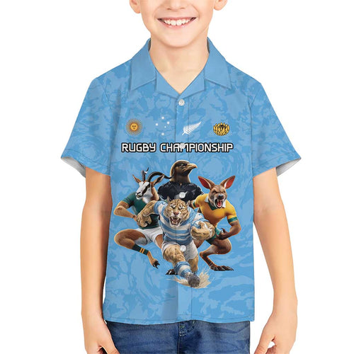 Custom Rugby Southern Hemisphere Family Matching Short Sleeve Bodycon Dress and Hawaiian Shirt Argentina AUNZ South Africa Mascot Blue - Aussie Hoodie
