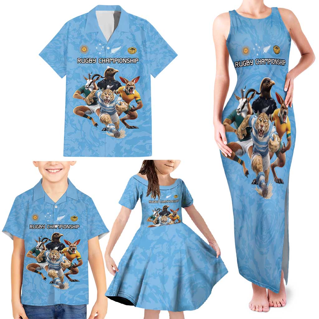 Custom Rugby Southern Hemisphere Family Matching Tank Maxi Dress and Hawaiian Shirt Argentina AUNZ South Africa Mascot Blue - Aussie Hoodie