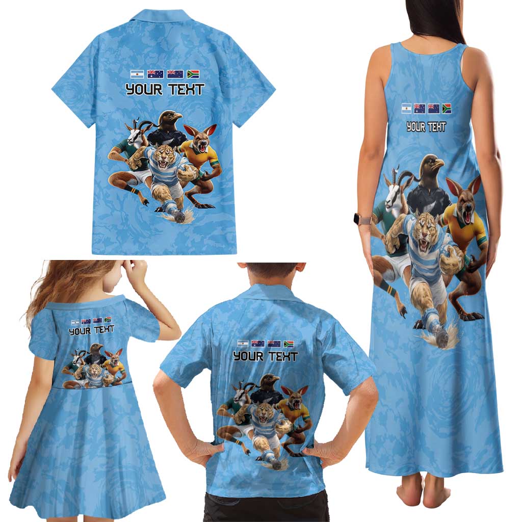 Custom Rugby Southern Hemisphere Family Matching Tank Maxi Dress and Hawaiian Shirt Argentina AUNZ South Africa Mascot Blue - Aussie Hoodie