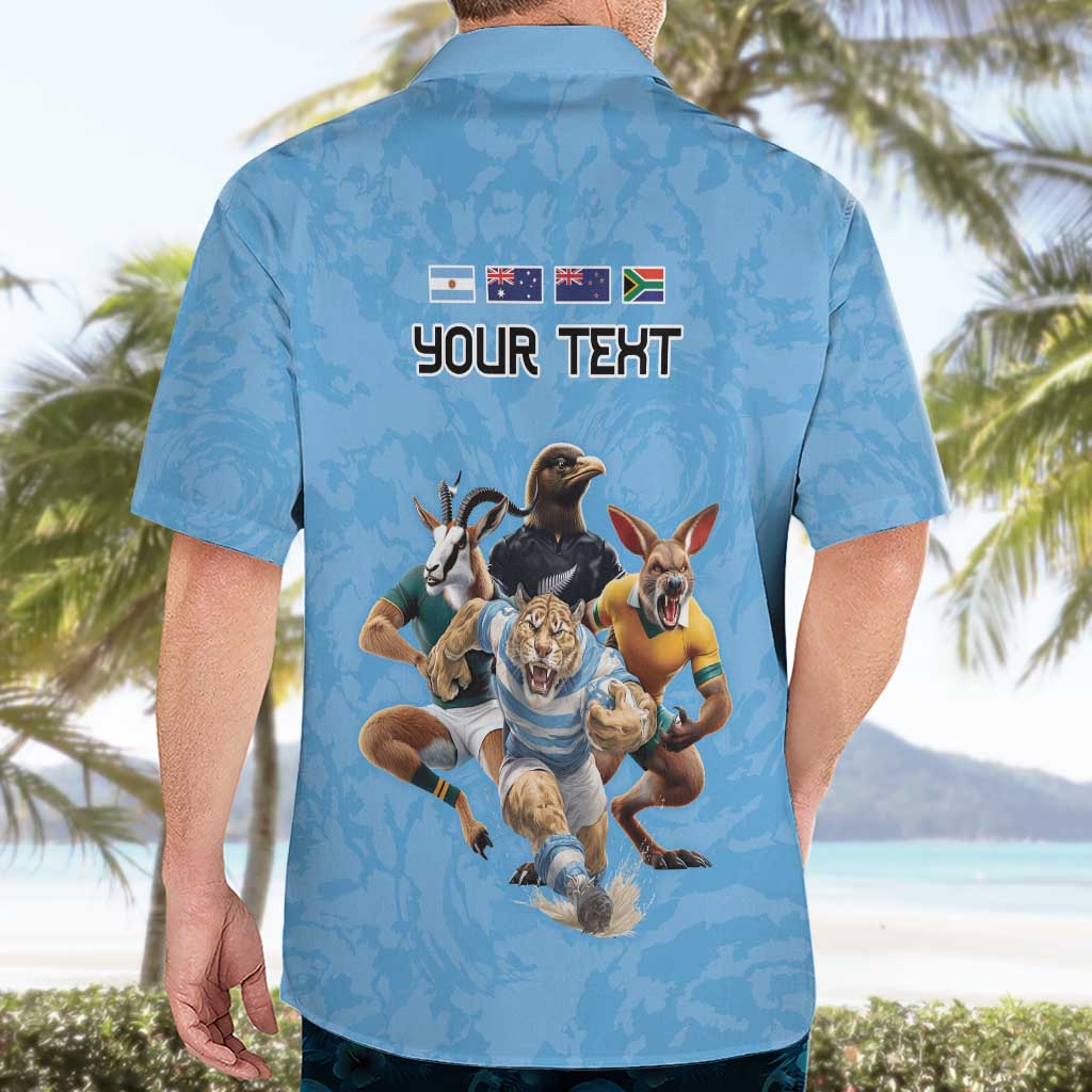 Custom Rugby Southern Hemisphere Hawaiian Shirt Argentina AUNZ South Africa Mascot Blue - Aussie Hoodie