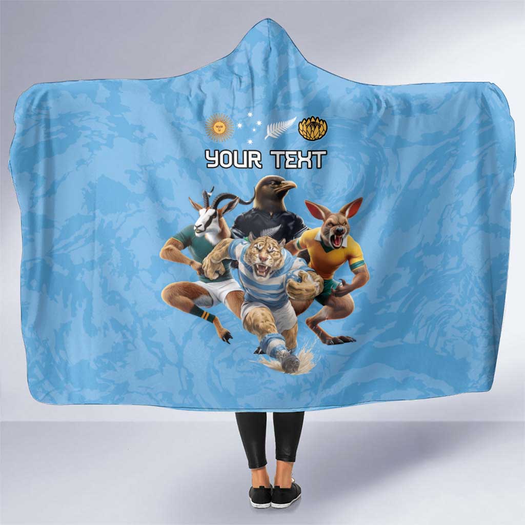 Custom Rugby Southern Hemisphere Hooded Blanket Argentina AUNZ South Africa Mascot Blue - Aussie Hoodie